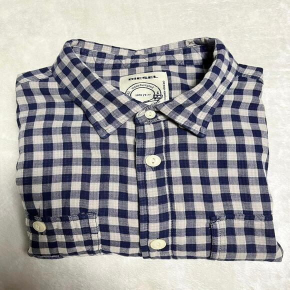 Diesel Gingham Plaid Oxford Shirt Men's XL Blue Button Up Cotton but Feels Linen - Picture 12 of 12
